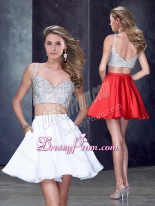 2016 Two Piece Straps White Short Vintage Prom Dress with Beading