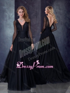 2016 Vintage Deep V Neckline See Through Black Prom Dress with Brush Train