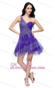 A-line Purple One Shoulder Beading Tulle Prom Dress