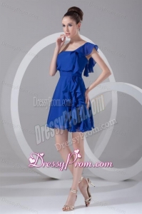 A-line One Shoulder Blue Chiffon Mini-length Ruching Prom Dress