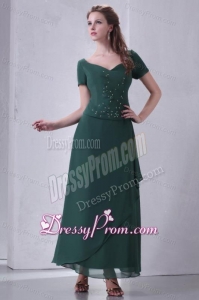 V-neck Chiffon Beading Ankle-length Prom Dress with Short Sleeves