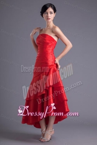 A-line Wine Red Strapless Ruching Asymmetrical Prom Dress