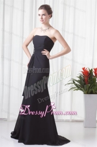 Black Column Strapless Brush Train Ruching Prom Dress with Lace Up