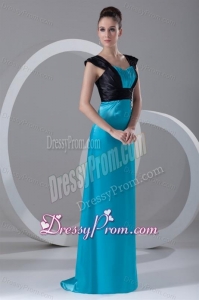 Column Straps Blue and Black Ruching and Appliques Elastic Woven Satin Prom Dress