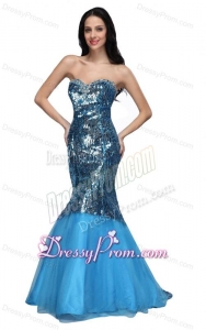 Mermaid Blue Sweetheart Sequins Beading Organza Long Prom Dress