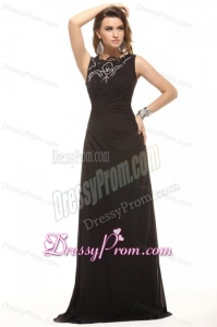 Column Black Bateau Lace Beading and Ruching Prom Dress