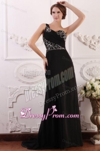 One Shoulder Column Chiffon Black Sweep Train Beading Prom Dress