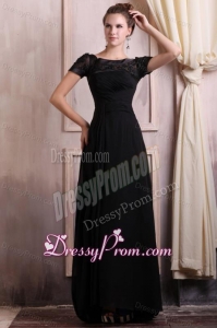 Scoop Empire Chiffon Brush Train Black Prom Dress with Appliques