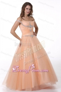 A-line Peach Off The Shoulder Beading Ruching Floor-length Tulle Prom Dress