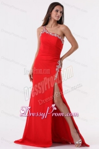 Column Wine Red One Shoulder Beading High Slit Prom Dress