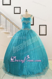 Perfect Spaghetti Straps Appliques Sequins Turquoise Quinceanera Dresses for 2015