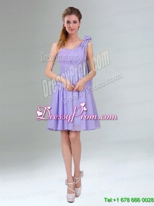 Cheap Mini Length Lavender Prom Dress with Ruching and Handmade Flower