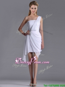Cheap Column One Shoulder White Short Dama Dress with Zipper Up