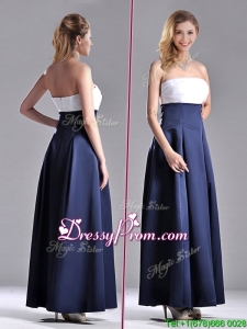 2016 Elegant Strapless Ankle Length Prom Dress in Navy Blue and White