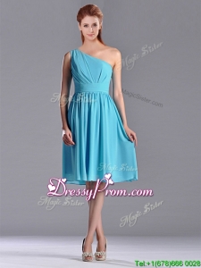 Discount Chiffon Baby Blue Knee Length Christmas Party Dress with One Shoulder
