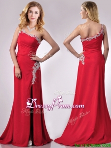 Luxurious Beaded Decorated One Shoulder and High Slit Christmas Party Dress with Brush Train