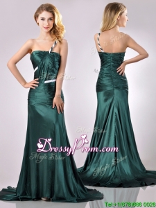 Modest One Shoulder Dark Green Christmas Party Dress in Elastic Woven Satin