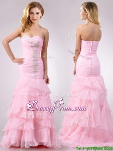 Popular Brush Train Organza Pink Christmas Party Dress with Beading and Ruffles