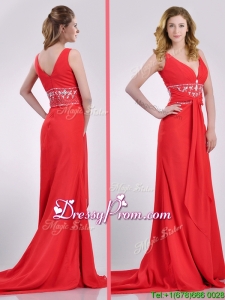 Beautiful V Neck Brush Train Chiffon Beaded Prom Dress in Coral Red