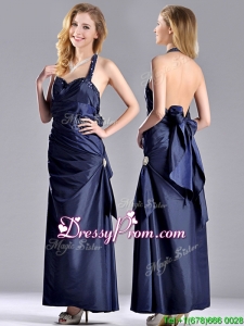Luxurious Beaded Decorated Halter Top Christmas Party Dress in Navy Blue