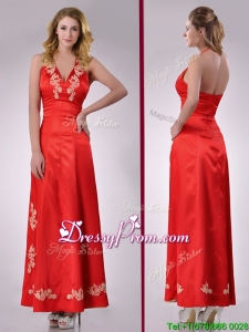 Modest Column Halter Top Backless Red Christmas Party Dress with Appliques