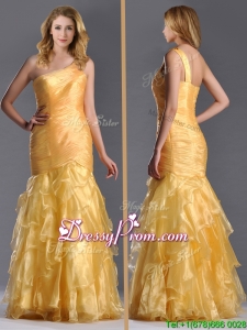 Elegant Mermaid One Shoulder Organza Ruffled Prom Dress in Gold