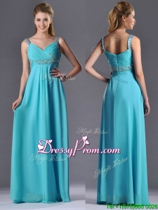 Beautiful Empire Aqua Blue Long Dama Dress with Beading and Ruching