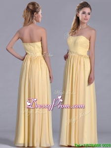 New Style Yellow Empire Long Prom Dress with Beaded Bodice