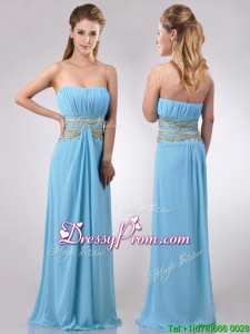 Discount Beaded Decorated Waist and Ruched Bodice Prom Dress in Aqua Blue
