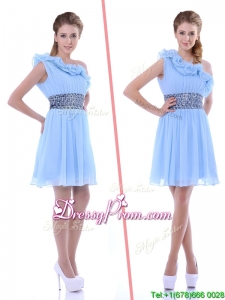 One Shoulder Light Blue Prom Dress with Beaded Decorated Waist and Ruffles
