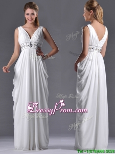 Elegant Empire V Neck Chiffon White Prom Dress for Graduation