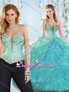 Beaded and Ruffled Organza Detachable Quinceanera Gown with Deep V Neckline
