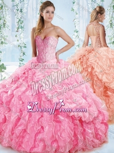 New Style Organza Beaded Rose Pink Quinceanera Dress with Detachable Straps