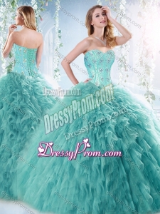 Romantic Beaded and Ruffled Aquamarine Detachable Quinceanera Dress with Brush Train