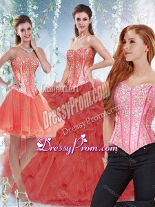 Latest Beaded Bodice and Ruffled Detachable Quinceanera Gowns in Coral Red