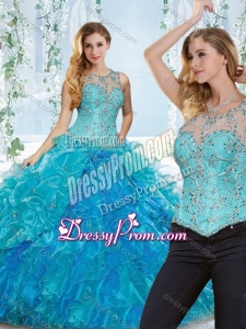 Latest See Through Beaded and Ruffled Detachable Quinceanera Dress in Blue