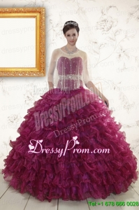 2015 Burgundy Quinceanera Gown with Beading and Ruffles