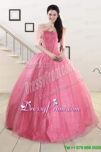 2015 Pretty Strapless Quinceanera Dresses in Rose Pink