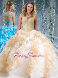 Fashionable Organza and Rolling Flowers Big Puffy Quinceanera Dress in Champagne and White