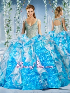 Exclusive Blue and White Quinceanera Dress in Beaded Decorated Cap Sleeves