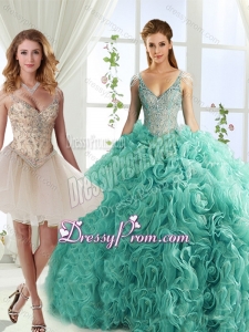 Gorgeous Rolling Flowers Deep V Neck Detachable Sweet 16 Quinceanera Skirts with Cap Sleeves