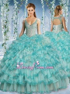 Popular Deep V Neck Big Puffy Sweet 16 Quinceanera Dress with Beaded Decorated Cap Sleeves