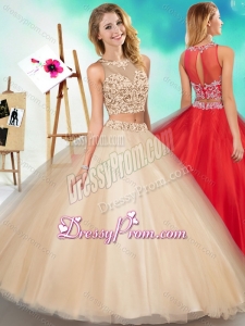 Two Piece See Through Scoop Quinceanera Dress with Beading and Appliques