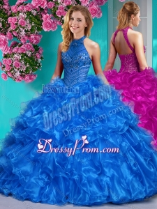 Beautiful Halter Top Beaded and Ruffled Quinceanera Dress in Royal Blue