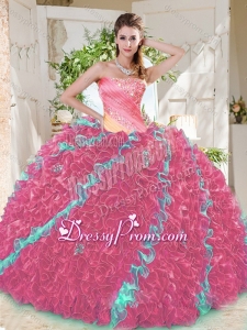 Beautiful Beaded Pleated and Ruffled Big Puffy Latest Quinceanera Dress in Rainbow