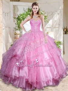 Popular Rose Pink Really Puffy Latest Quinceanera Dress with Beading and Ruffles Layers