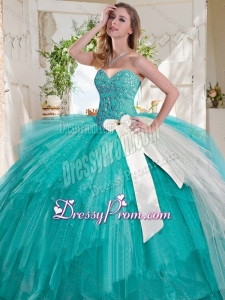 Wonderful Turquoise Big Puffy Latest Quinceanera Dress with Beading and White Bowknot
