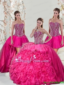 2015 Detachable and Beautiful Hot Pink Sweet 15 Dresses with Beading and Ruffles