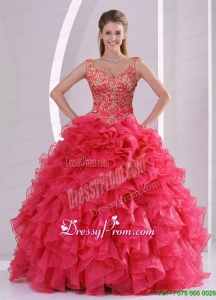 2015 Modern Beading and Ruffles Quince Dresses in Red