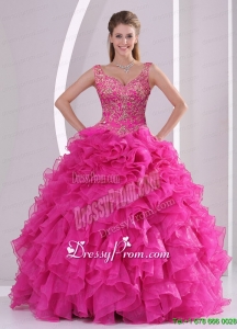 Beautiful Hot Pink Quince Dresses with Beading and Ruffles for 2015
